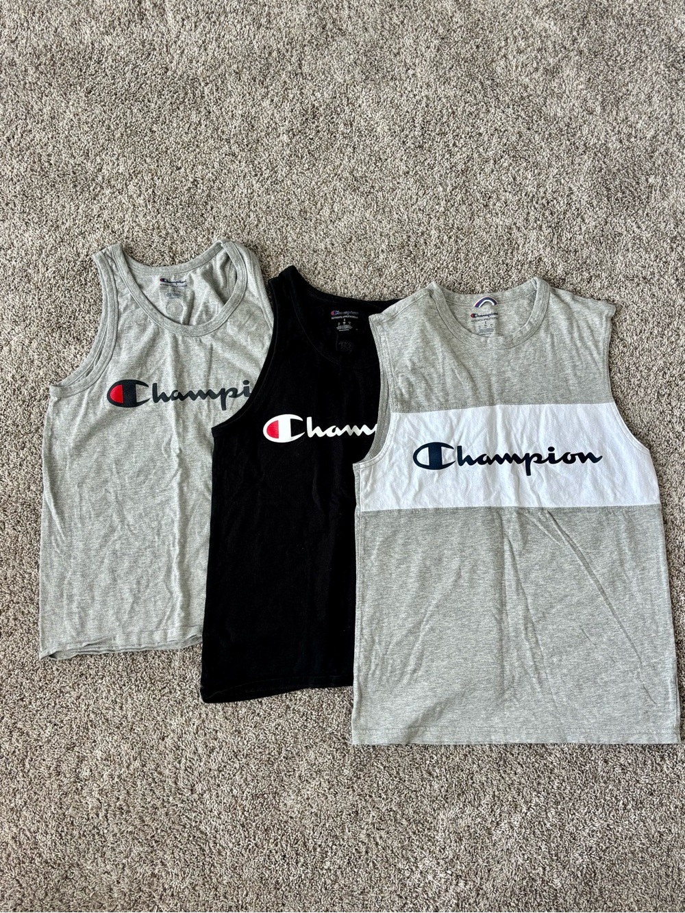 Lot of 3 men’s Champion cotton blend Tank tops in Gray & Black with Logo